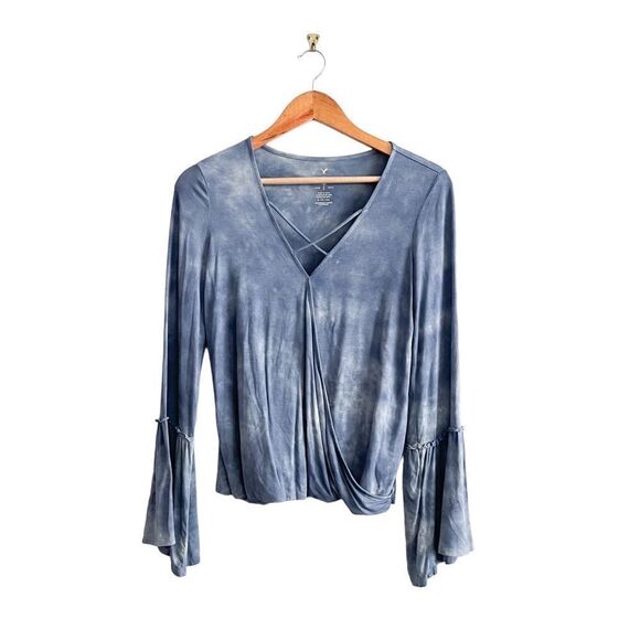 AEO Soft & Sexy Bell Sleeve Blue Tie Dye Top Women's S Cross Front V Neck - Picture 2 of 10